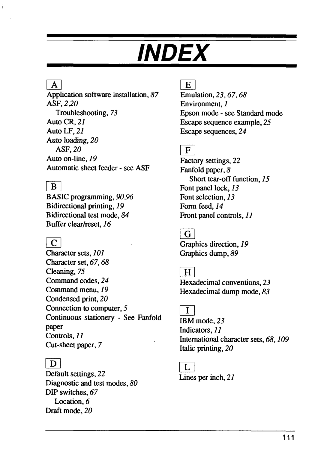 Star Micronics FR-15, FR-10 manual Index 