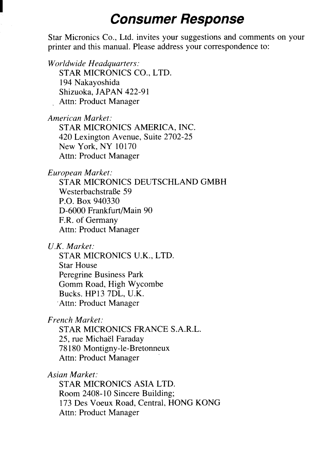 Star Micronics FR-15, FR-10 manual Star Micronics AMERICA, INC, Star Micronics Deutschland Gmbh 