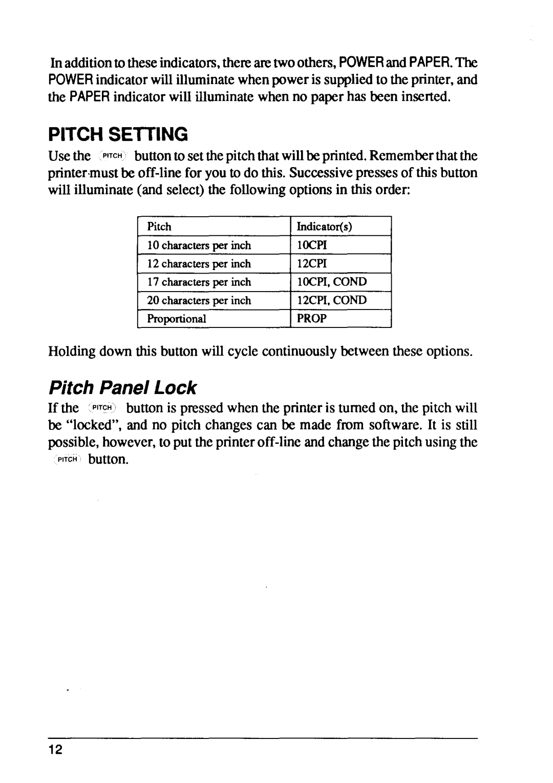 Star Micronics FR-10, FR-15 manual Pitchseiting, Pitch Panel Lock, Iocpi 