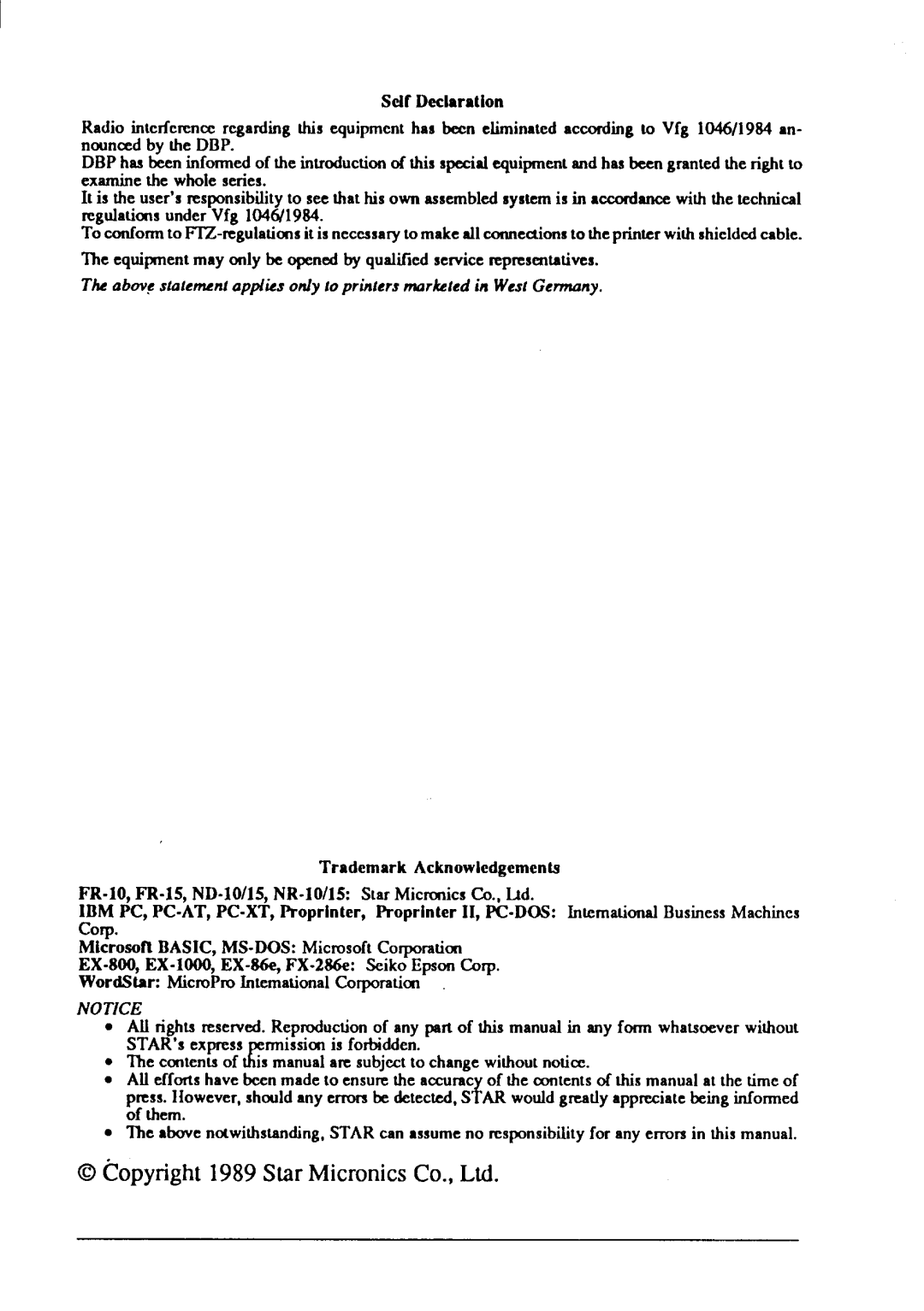 Star Micronics FR-10, FR-15 manual 