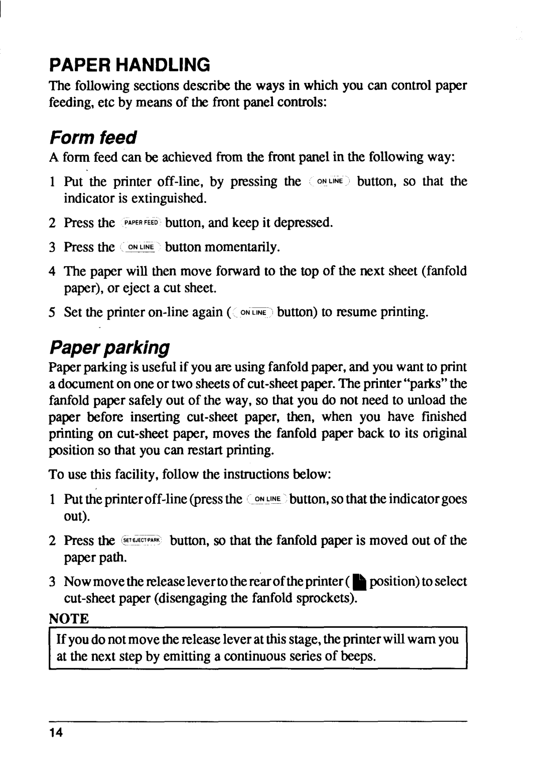 Star Micronics FR-10, FR-15 manual Paperhandling, Form feed, Paperparking 