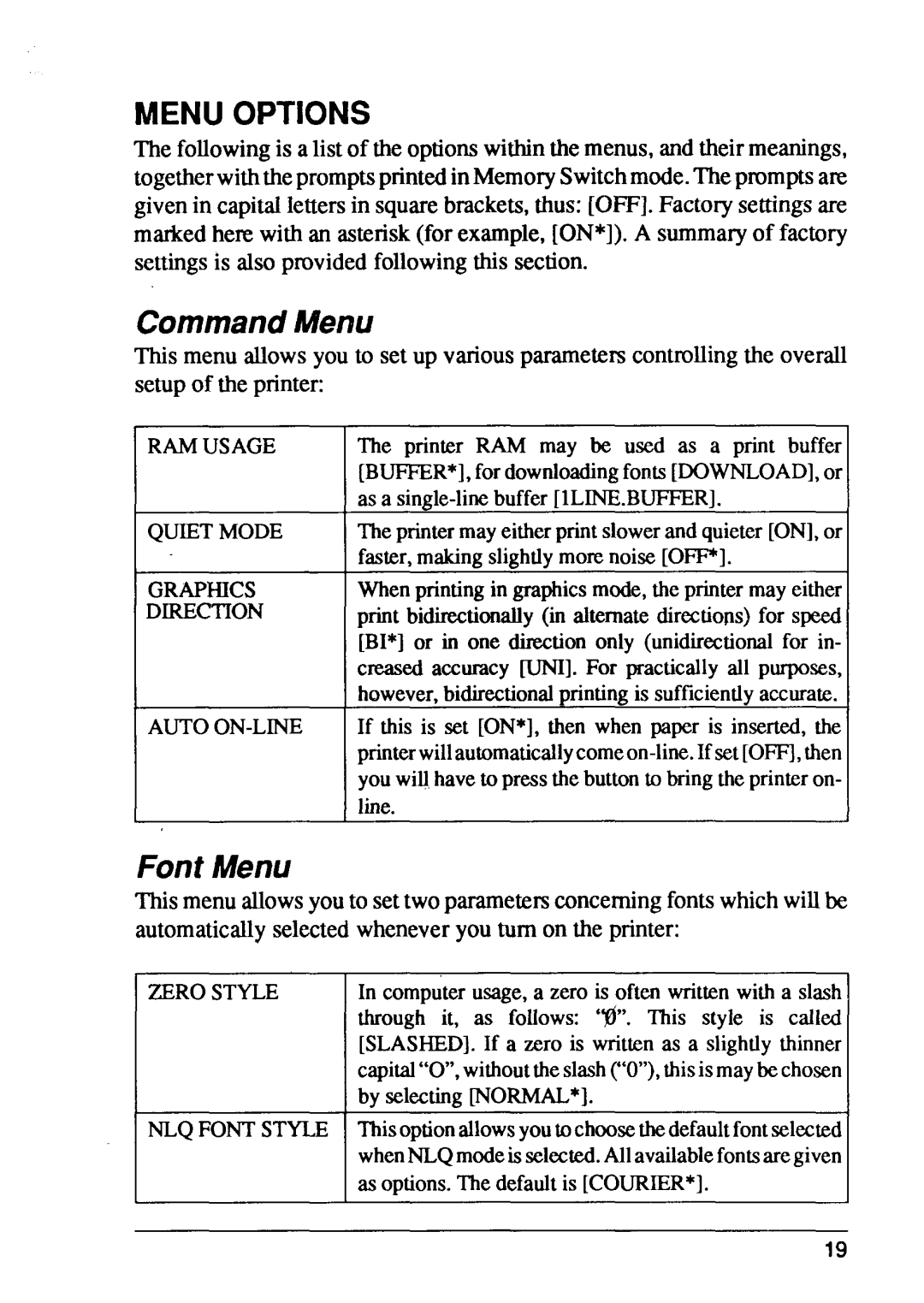 Star Micronics FR-15, FR-10 manual Menuoptions, CommandMenu, Font Menu, Line, ByselectirwrNOW*I 