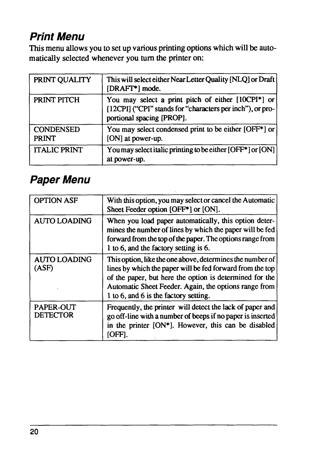 Star Micronics FR-10, FR-15 manual Print Menu, Printpitch Condensed Print Italicprint, Autoloading 