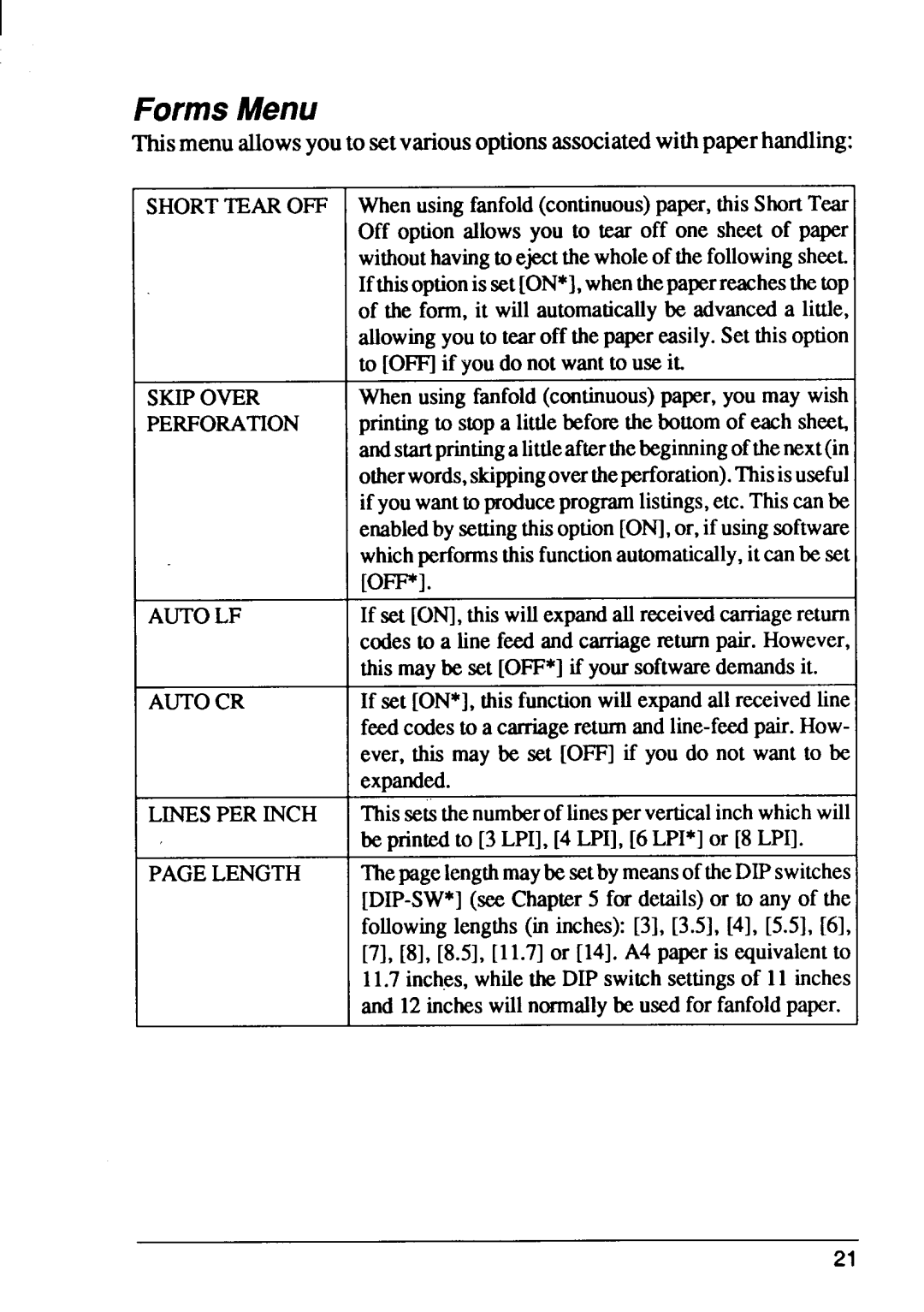 Star Micronics FR-15, FR-10 manual FormsMenu, Skipover Perforation, Autocr Linesper Inch Pagelength 