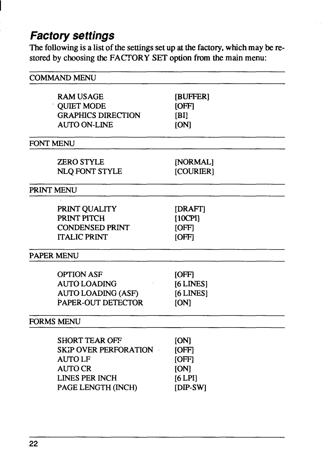 Star Micronics FR-10, FR-15 manual Ramusage Buffer Quietmode, Optionasf, Autolf, Autocr ONI Linesper Inch, Pagelengthinch 