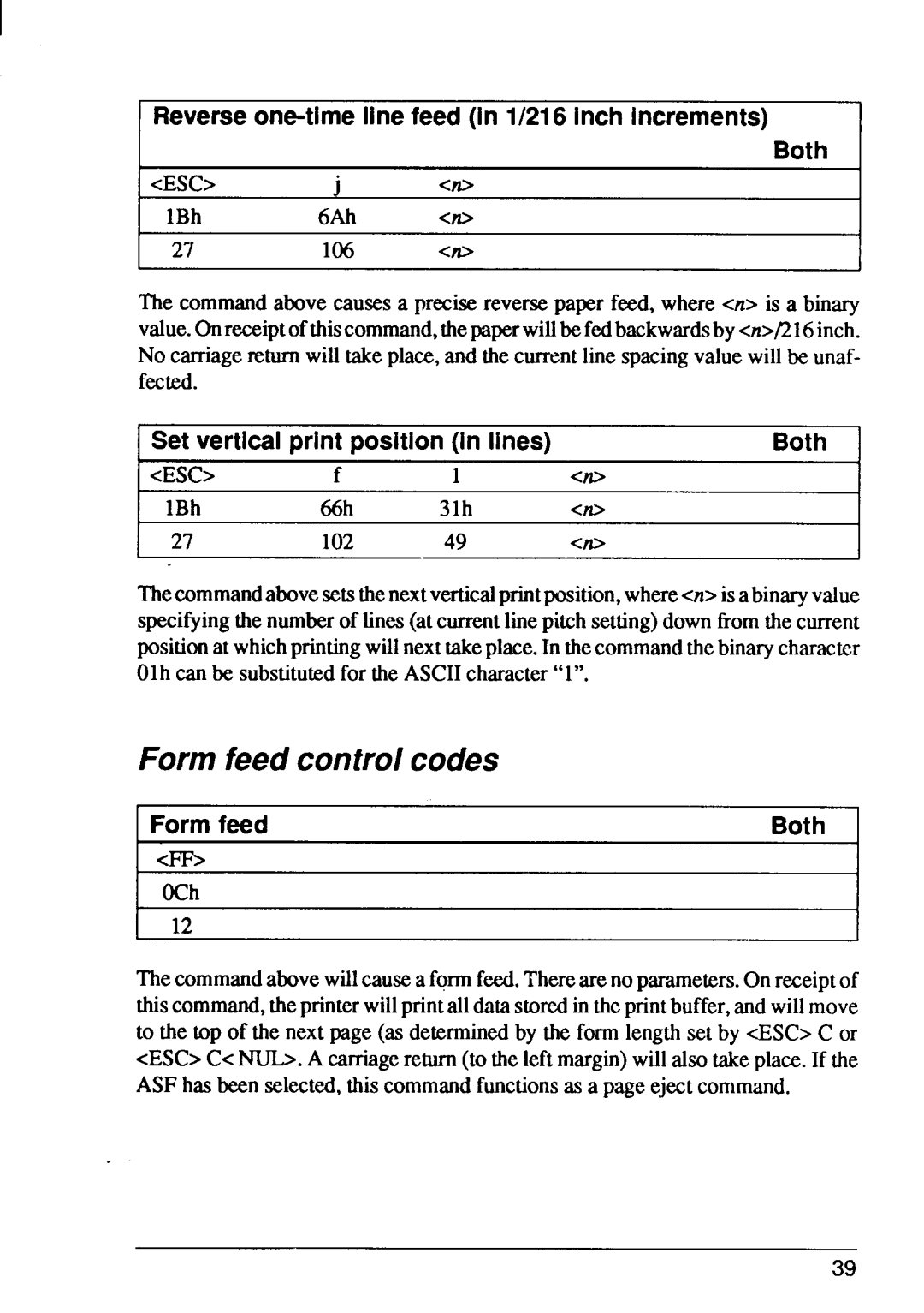 Star Micronics FR-15, FR-10 Form feed controlcodes, Reverseone-timelinefeed in 1/216 inch Increments Both, FormfeedBoth m 