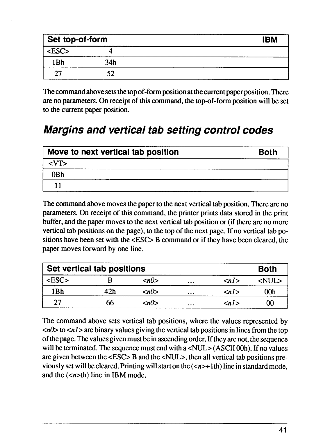 Star Micronics FR-15, FR-10 Marginsand verticaltab settingcontrolcodes, Set top-of-form, Moveto next verticaitab position 