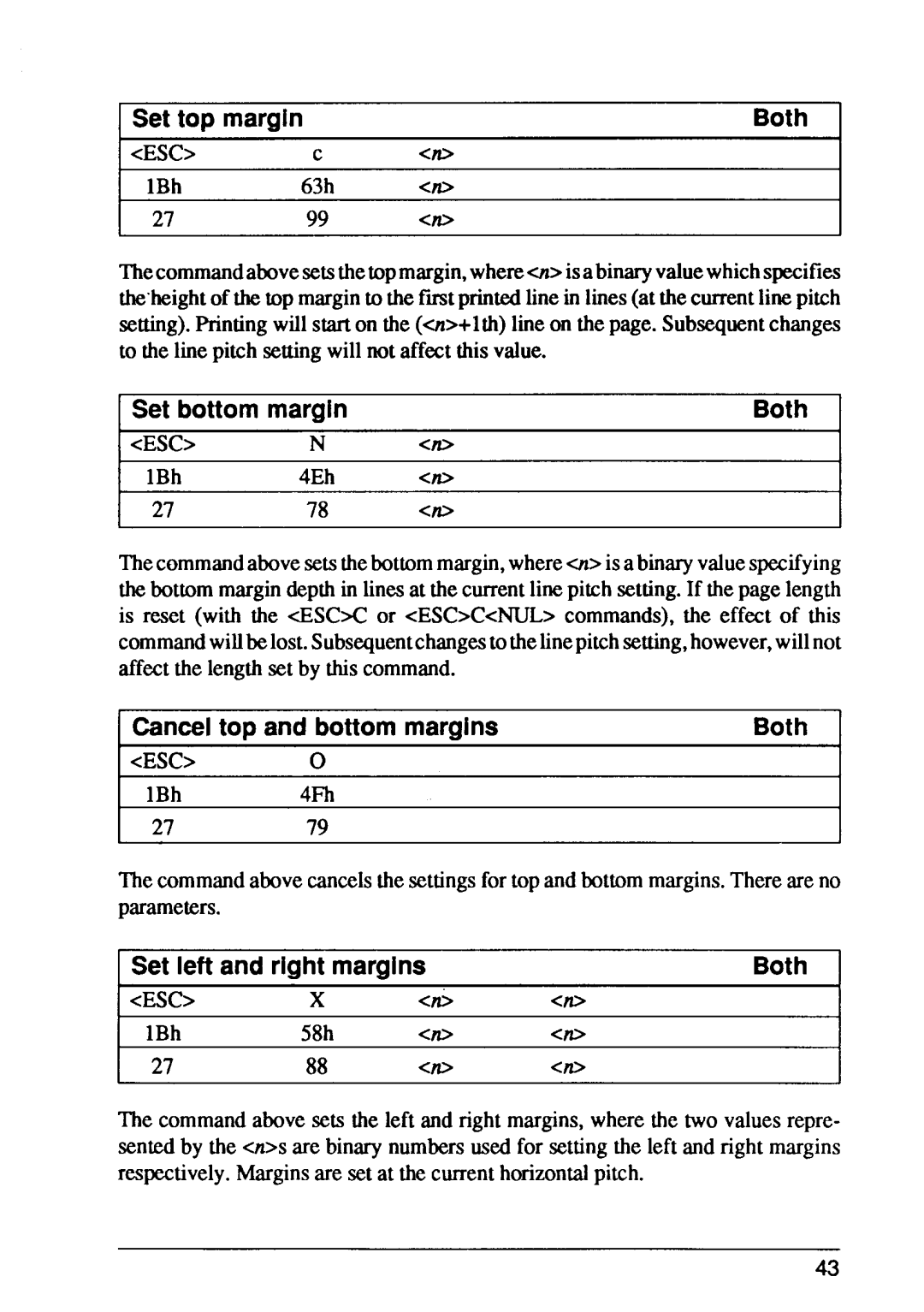 Star Micronics FR-15, FR-10 Set top margin, Set bottommargin, Canceltop and bottommargins, Set left and right margins Both 