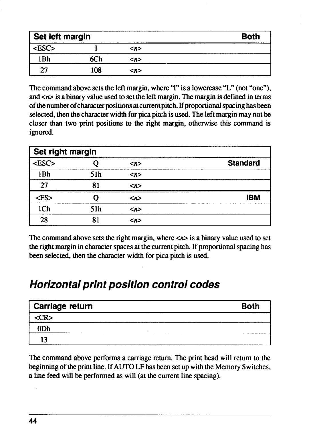 Star Micronics FR-10 Horizontalprint position controlcodes, Set left margin, Set right margin, Carriagereturn Both, Iesc 