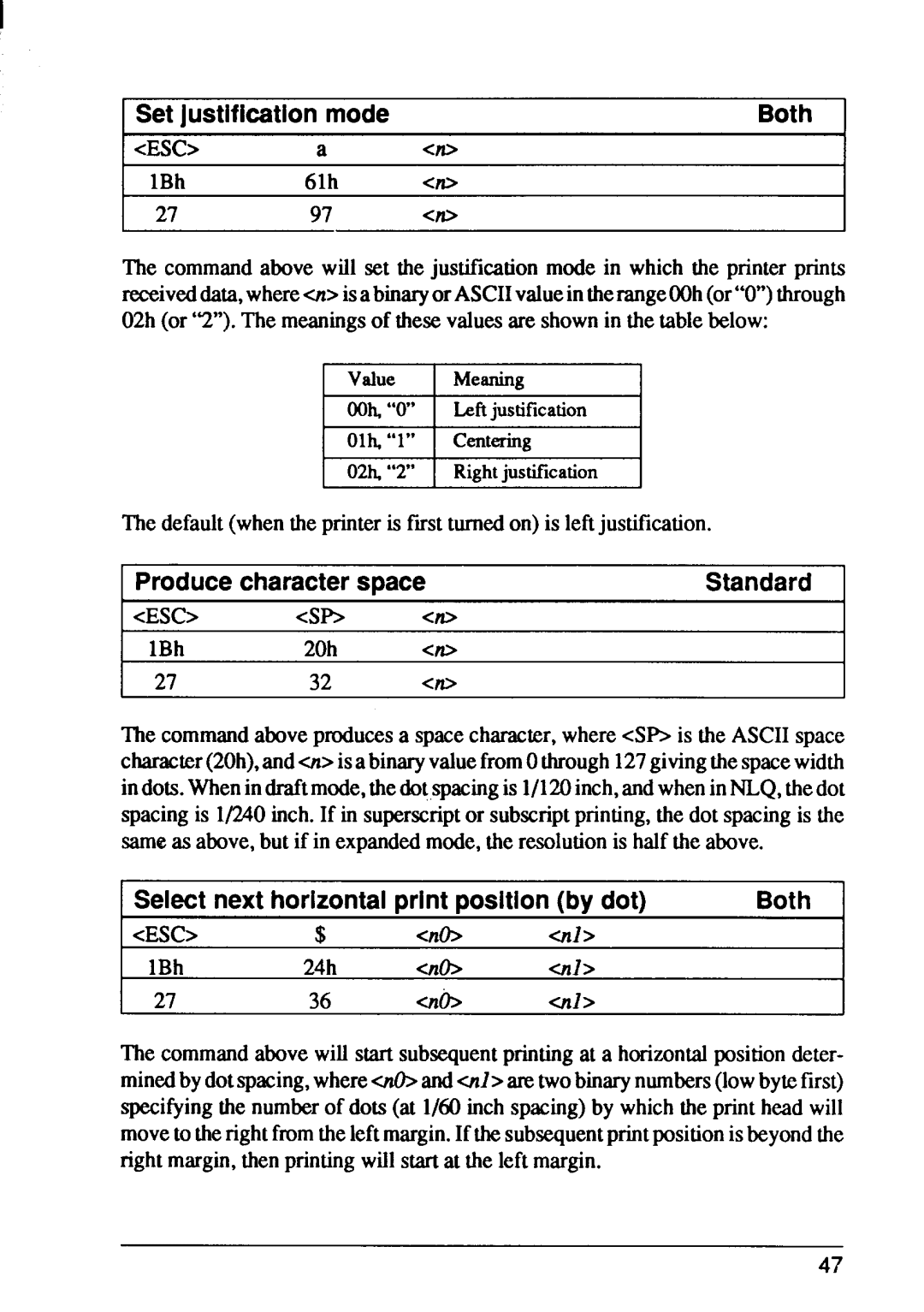 Star Micronics FR-15 Set justificationmode, ProducecharacterspaceStandard, Select next horizontalprint positionby dot 