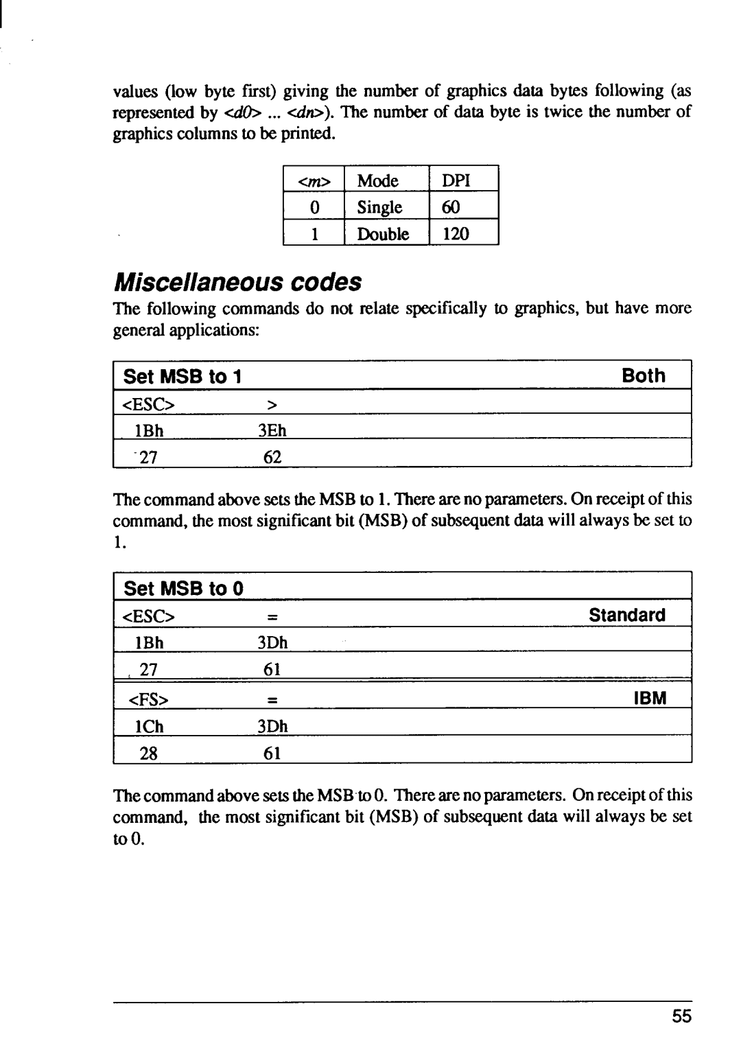 Star Micronics FR-15, FR-10 manual Miscellaneouscodes, Set MSBto O 