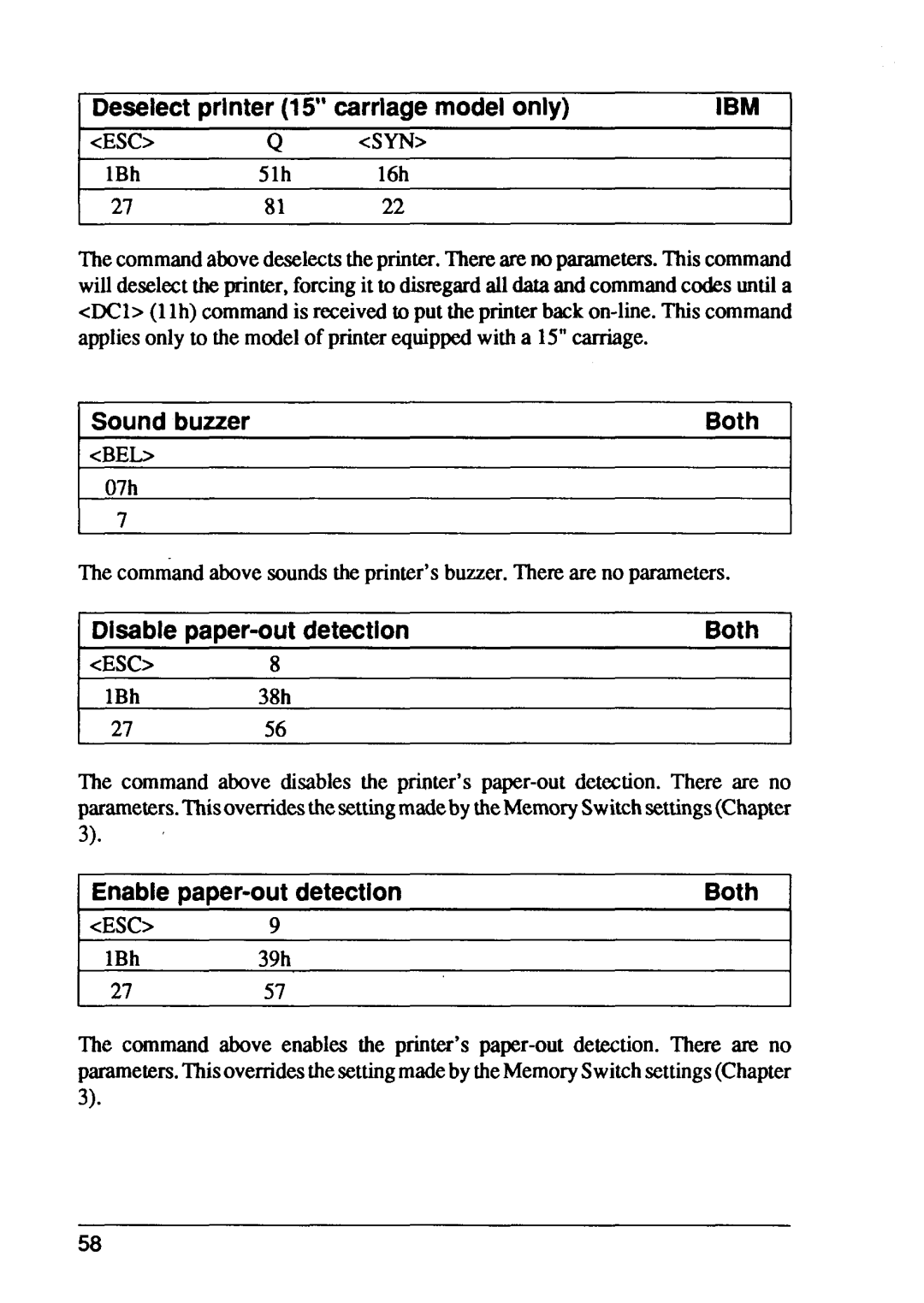 Star Micronics FR-10, FR-15 manual Deselectprinter15 carriagemodelonly, Sound buzzer, Enablepaper-outdetectionBoth 