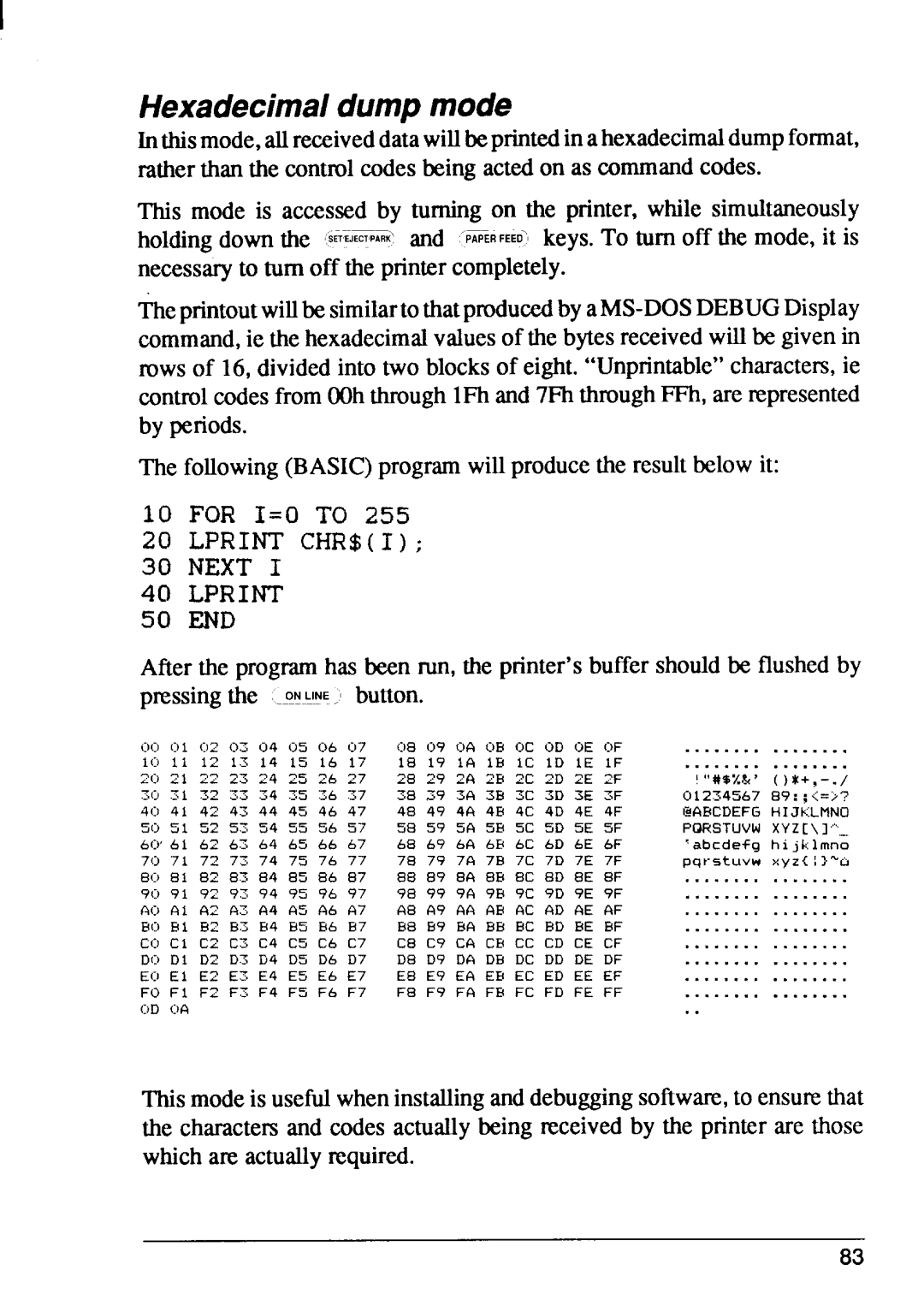 Star Micronics FR-15, FR-10 manual Hexadecimaldumpmode, B p, Next Lprint 
