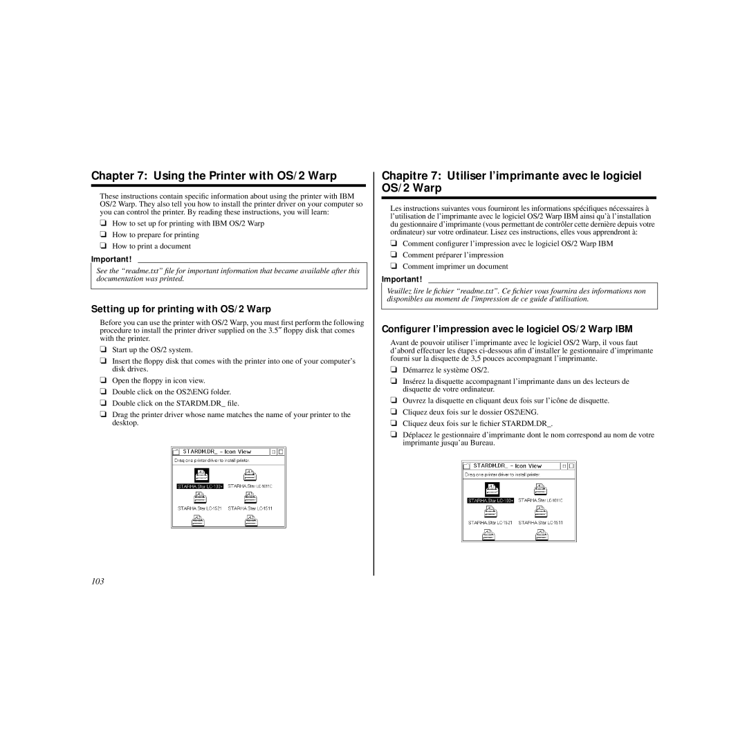 Star Micronics HL 80825321 Using the Printer with OS/2 Warp, Chapitre 7 Utiliser l’imprimante avec le logiciel OS/2 Warp 