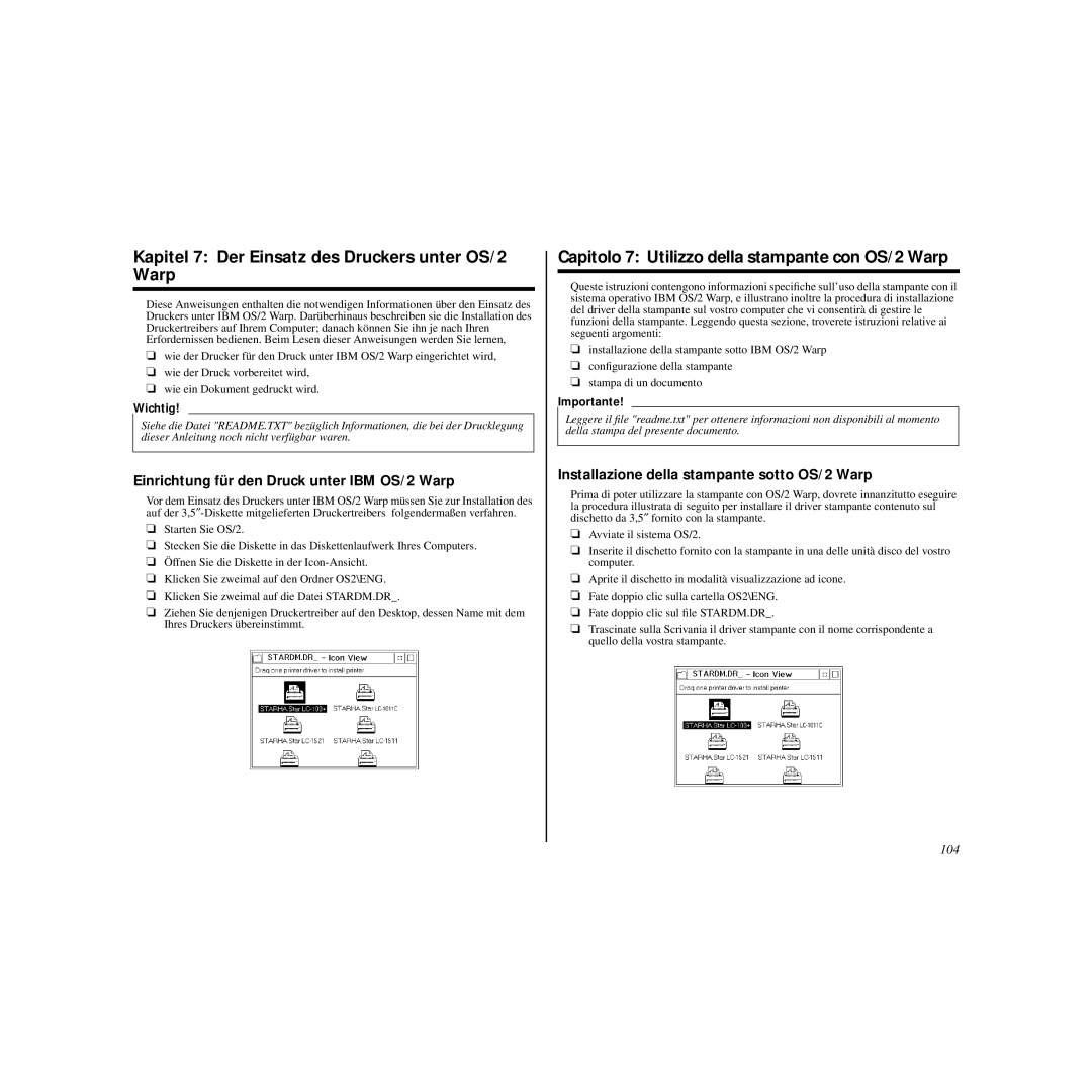 Star Micronics HL 80825321 user manual Kapitel 7 Der Einsatz des Druckers unter OS/2 Warp, 104 