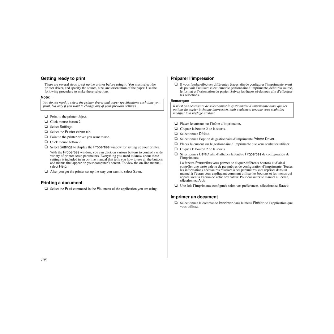 Star Micronics HL 80825321 user manual Préparer l’impression, Imprimer un document, 105 