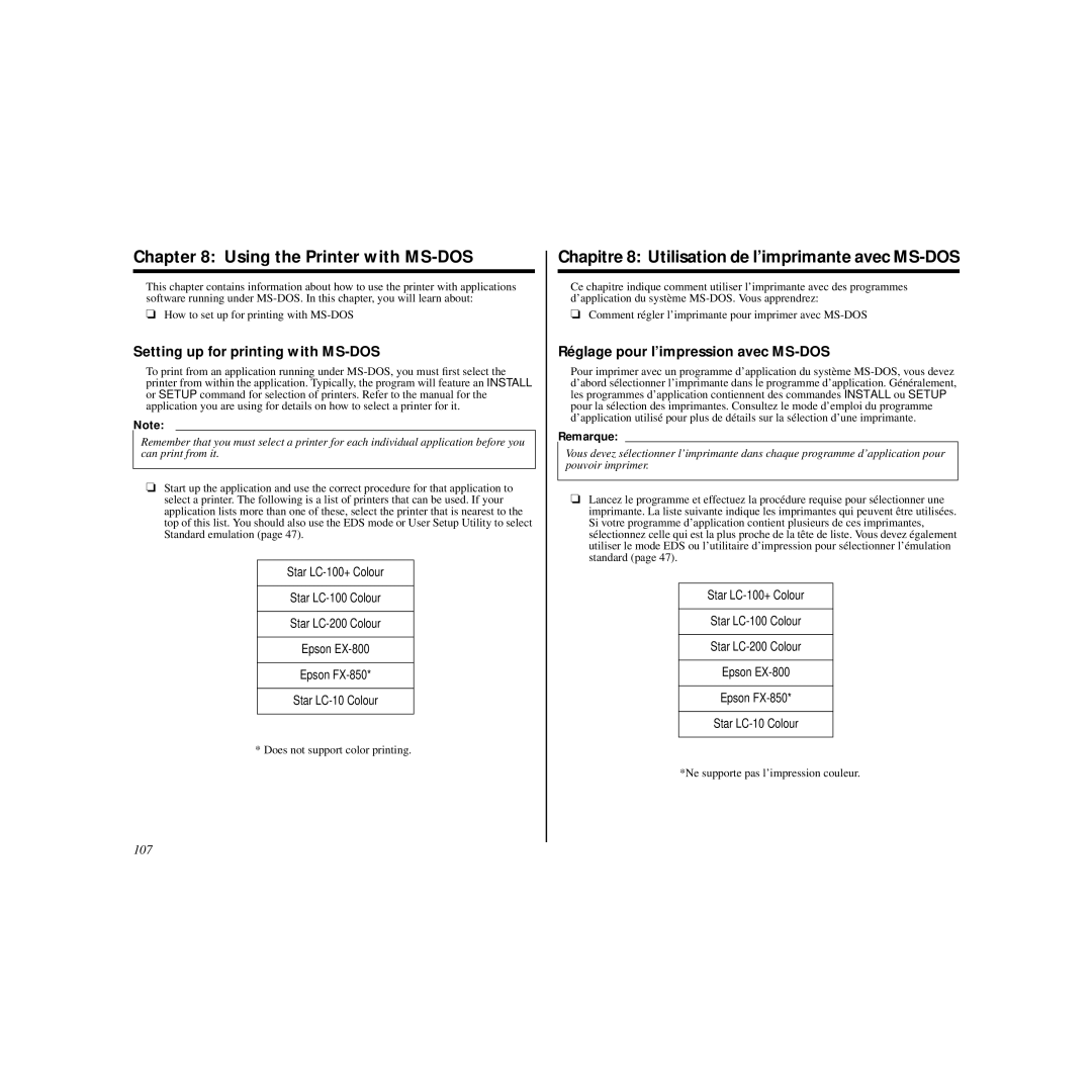 Star Micronics HL 80825321 Using the Printer with MS-DOS, Chapitre 8 Utilisation de l’imprimante avec MS-DOS, 107 