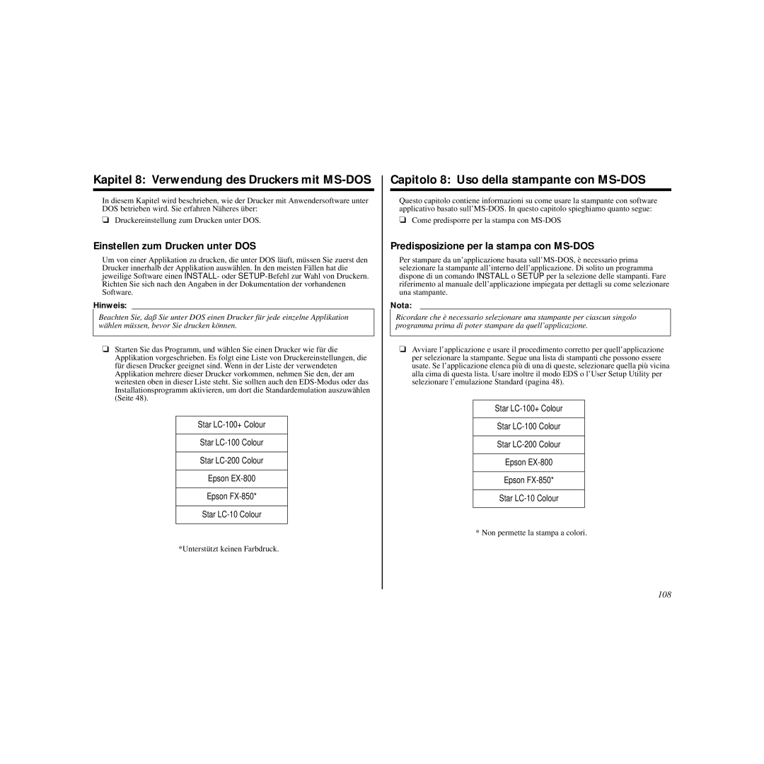 Star Micronics HL 80825321 Kapitel 8 Verwendung des Druckers mit MS-DOS, Capitolo 8 Uso della stampante con MS-DOS, 108 