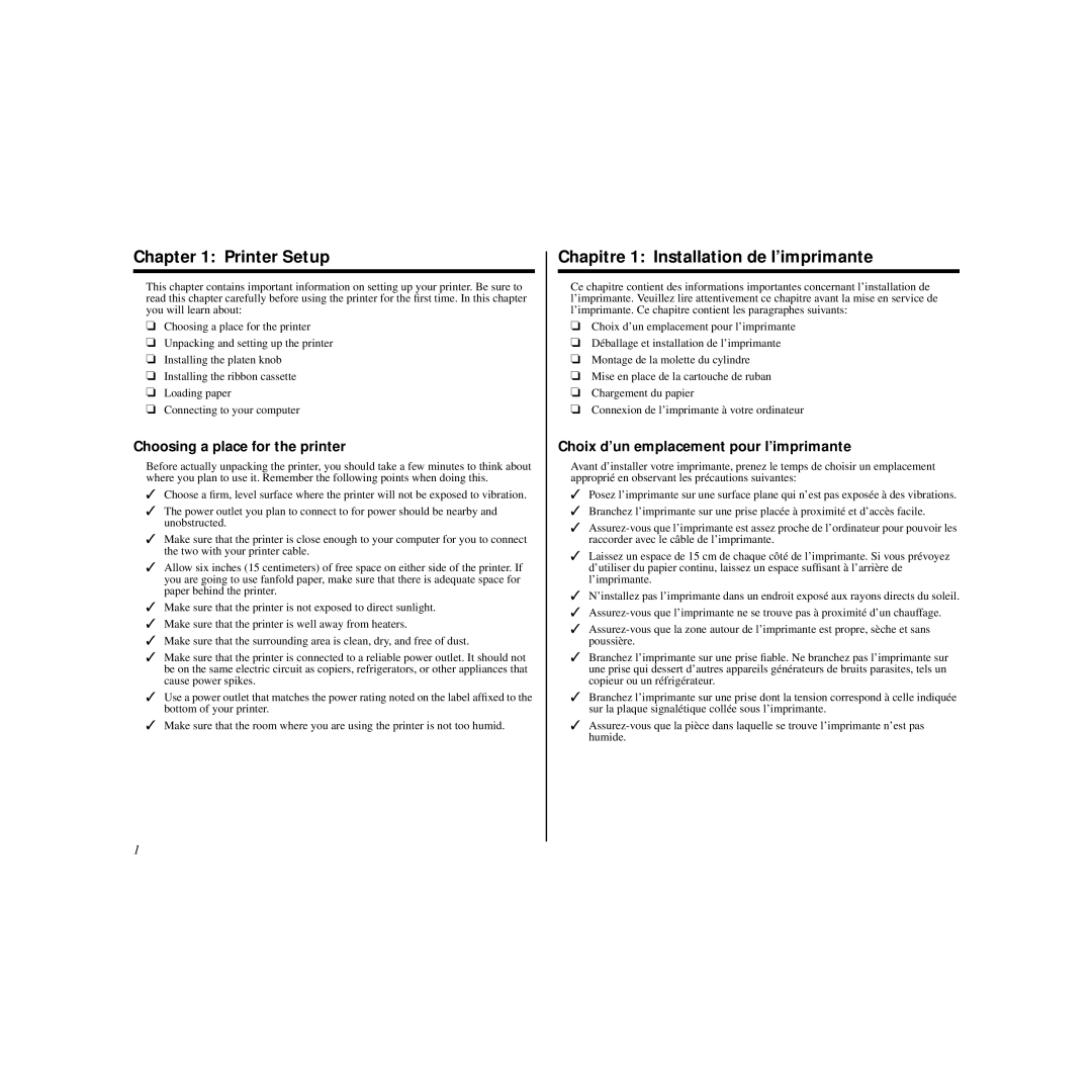 Star Micronics HL 80825321 Printer Setup, Chapitre 1 Installation de l’imprimante, Choosing a place for the printer 