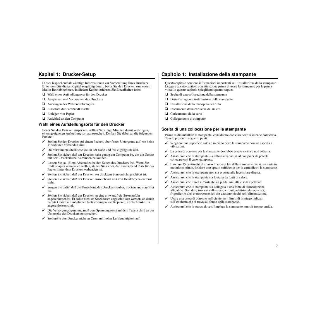 Star Micronics HL 80825321 user manual Kapitel 1 Drucker-Setup, Capitolo 1 Installazione della stampante 