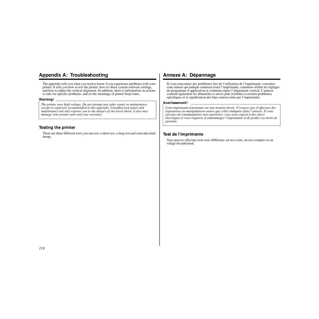 Star Micronics HL 80825321 Appendix a Troubleshooting, Annexe a Dépannage, Testing the printer, Test de l’imprimante, 119 