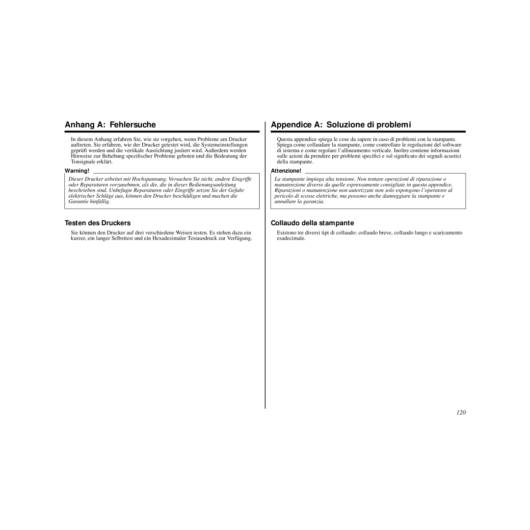 Star Micronics HL 80825321 user manual Anhang a Fehlersuche, Appendice a Soluzione di problemi, Testen des Druckers, 120 