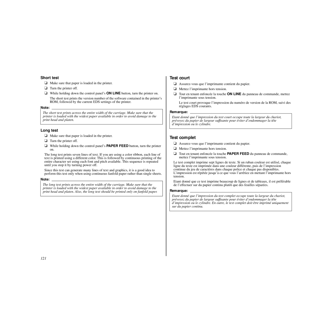 Star Micronics HL 80825321 user manual Test court, Test complet, Short test, Long test, 121 