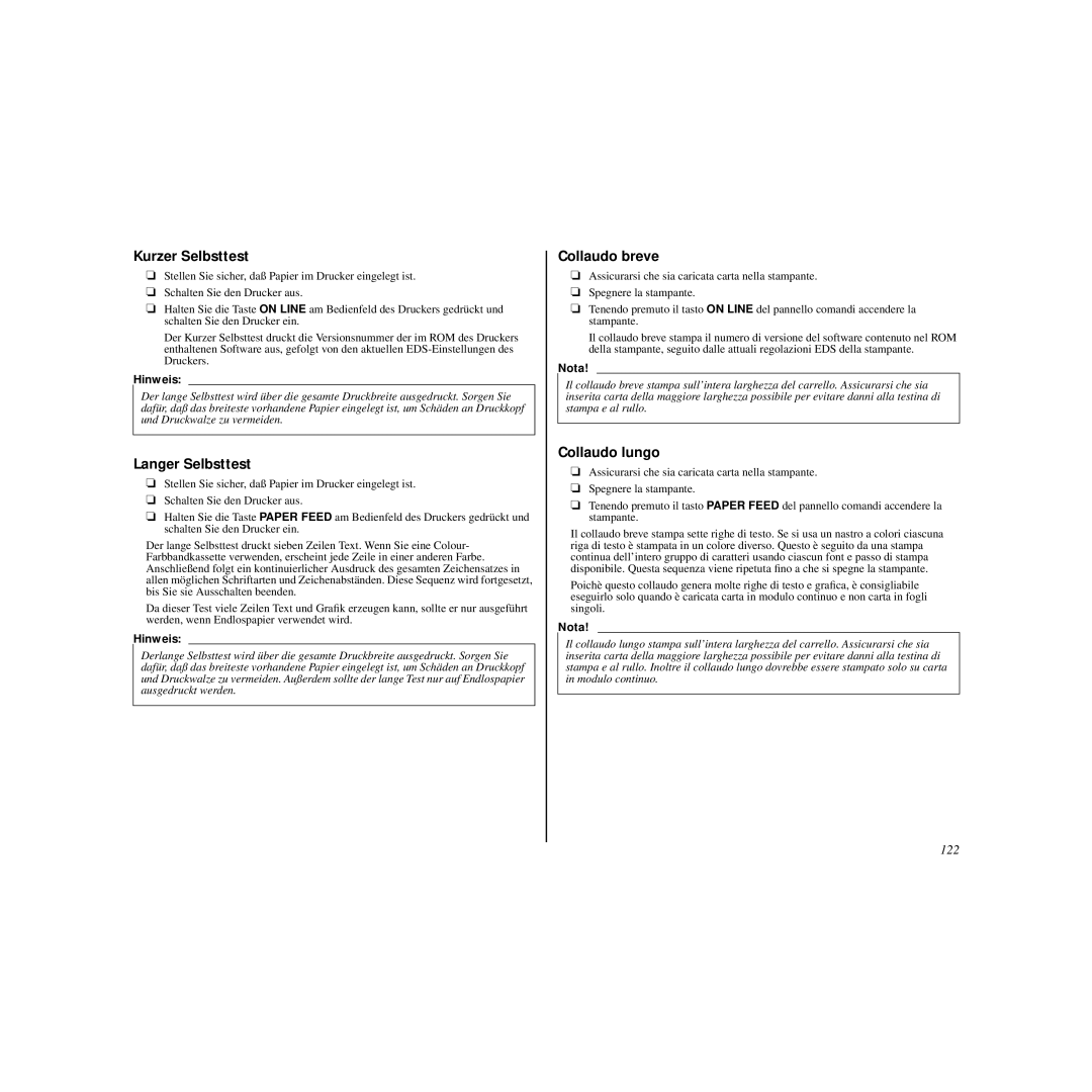 Star Micronics HL 80825321 user manual Kurzer Selbsttest, Langer Selbsttest, Collaudo breve, Collaudo lungo, 122 