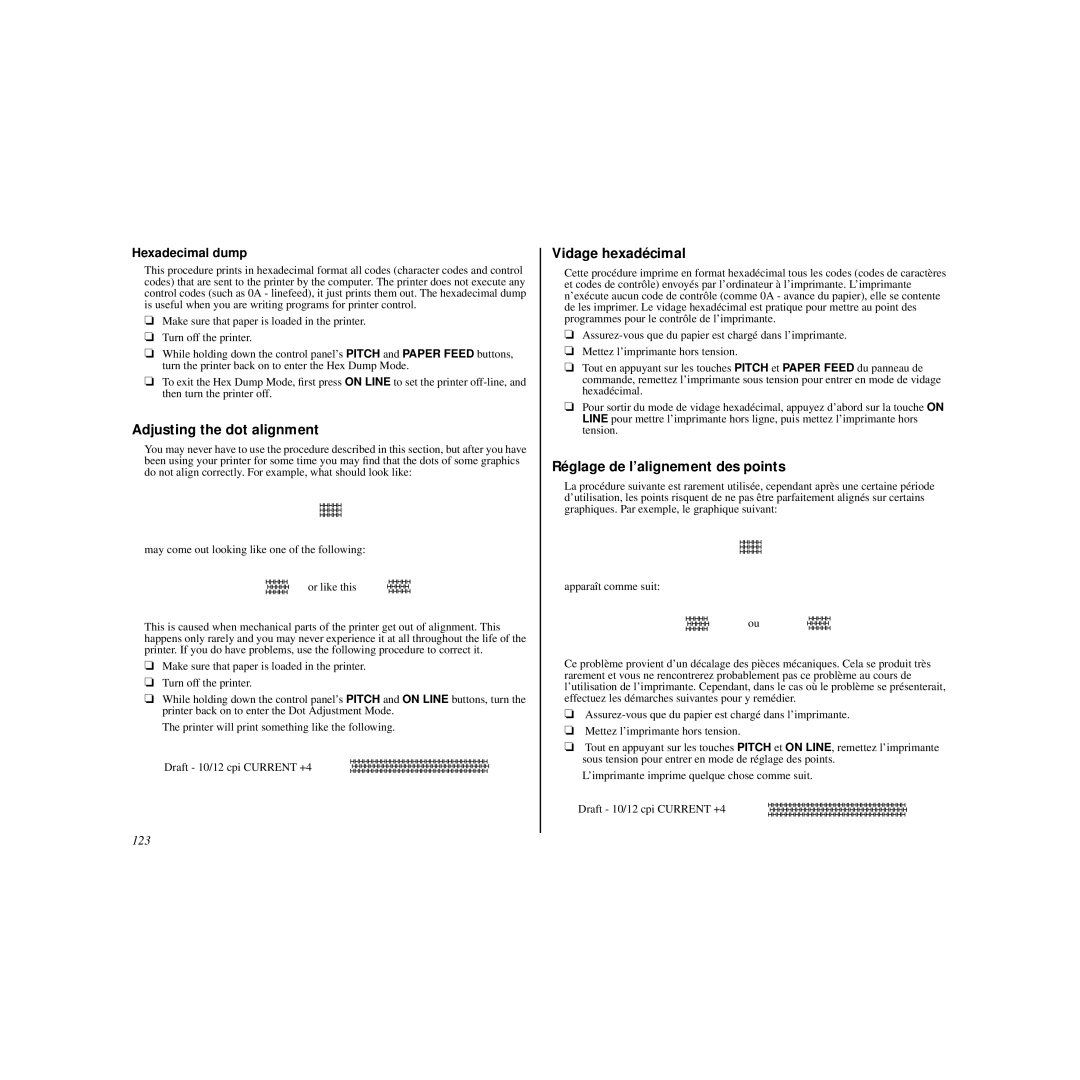 Star Micronics HL 80825321 user manual Vidage hexadécimal, Hexadecimal dump, 123 