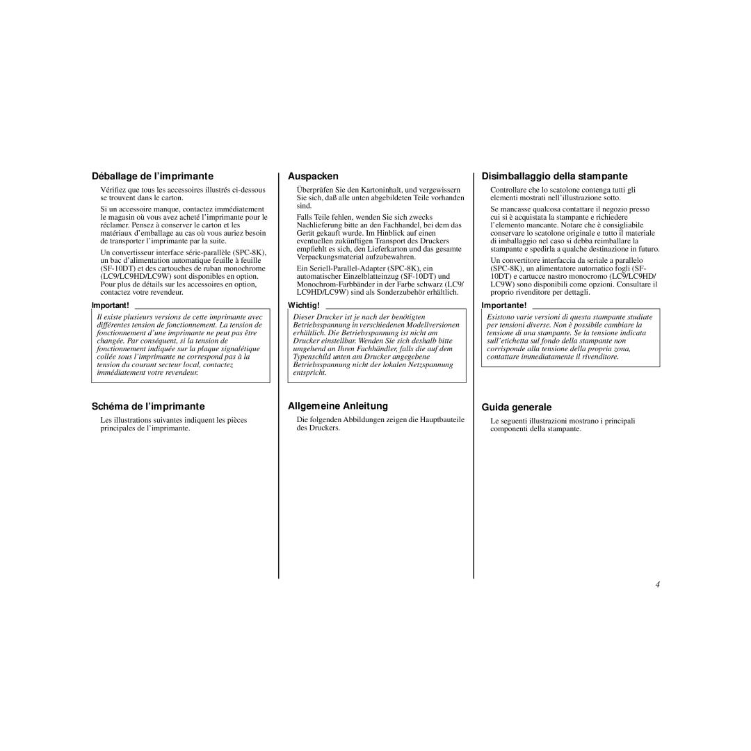 Star Micronics HL 80825321 user manual Déballage de l’imprimante, Schéma de l’imprimante, Auspacken, Allgemeine Anleitung 