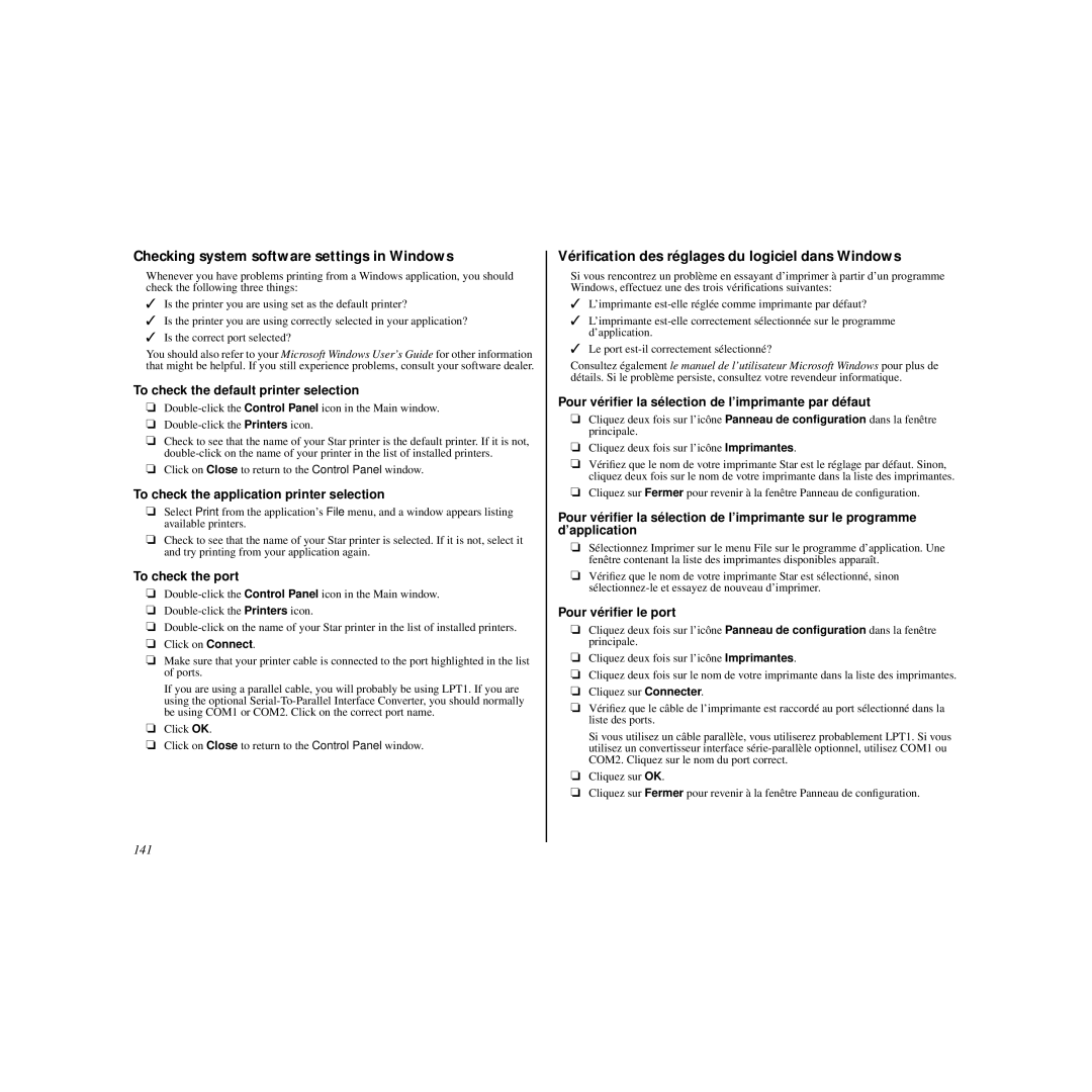 Star Micronics HL 80825321 Checking system software settings in Windows, Vériﬁcation des réglages du logiciel dans Windows 