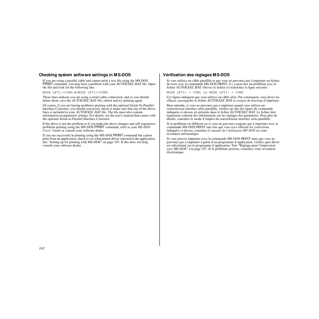 Star Micronics HL 80825321 user manual Checking system software settings in MS-DOS, Vériﬁcation des réglages MS-DOS, 143 