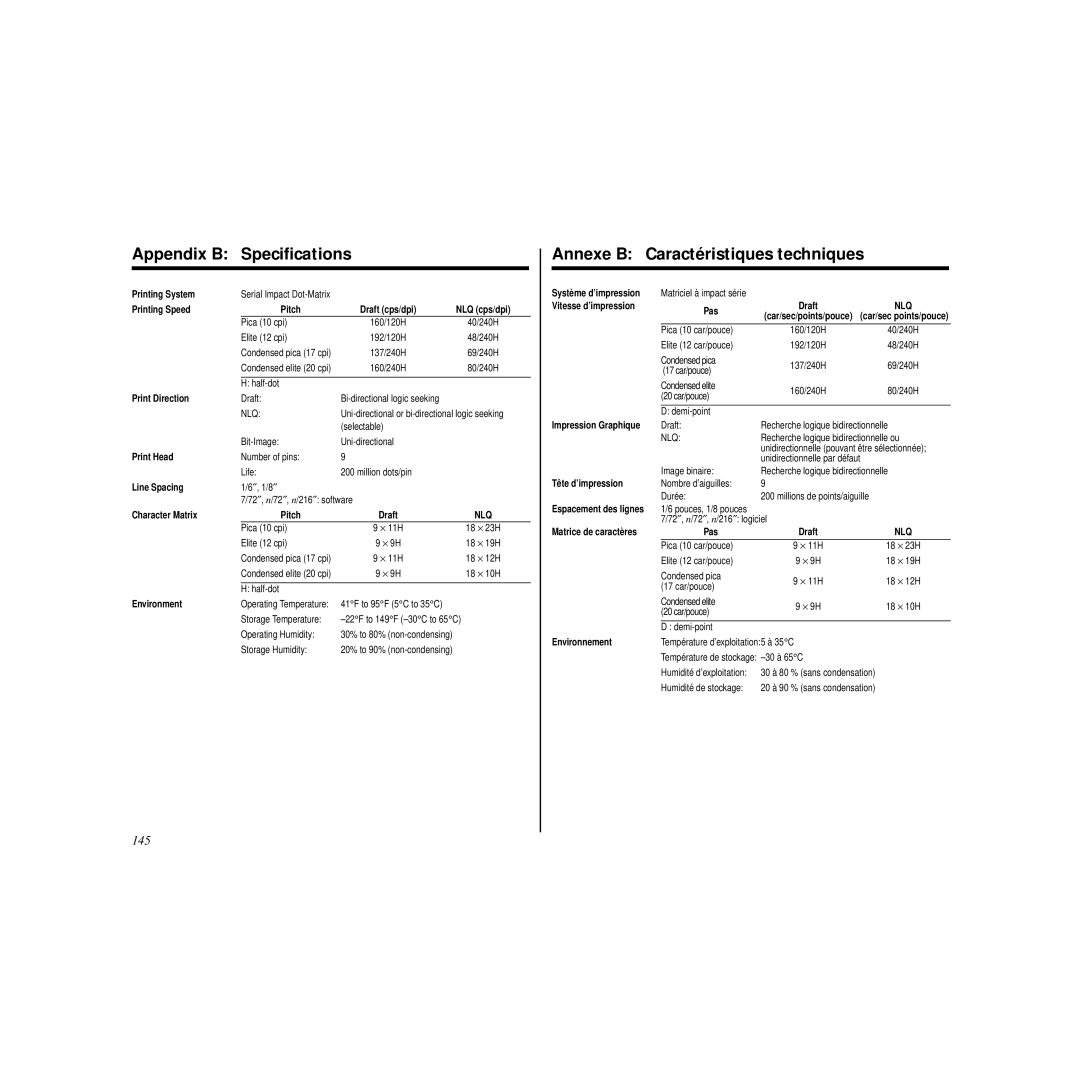 Star Micronics HL 80825321 user manual Appendix B Speciﬁcations, Annexe B Caractéristiques techniques, 145 