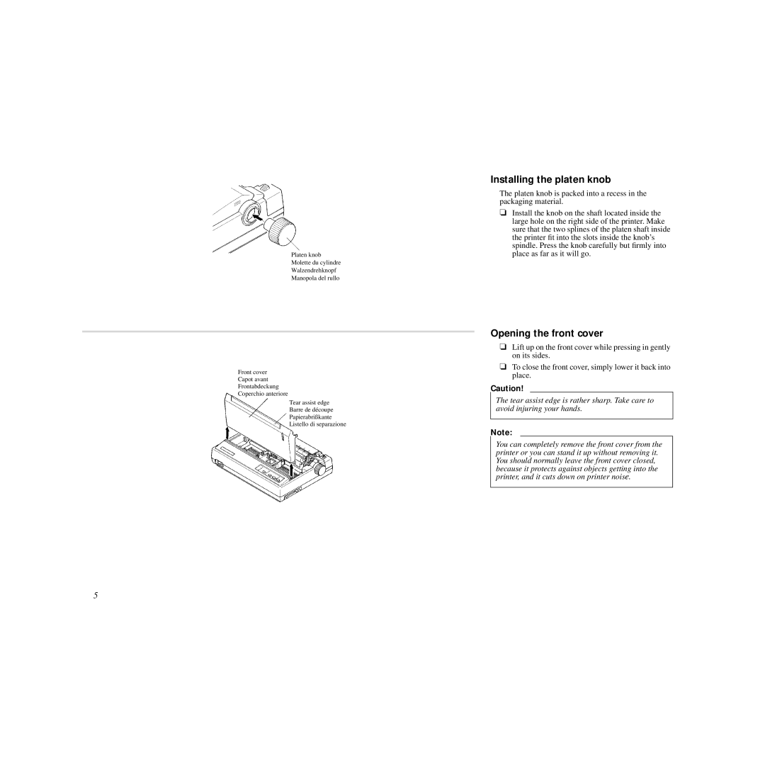 Star Micronics HL 80825321 user manual Installing the platen knob, Opening the front cover 