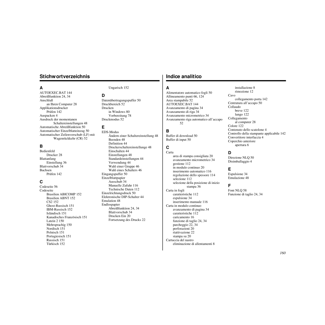 Star Micronics HL 80825321 user manual Stichwortverzeichnis Indice analitico, 160 