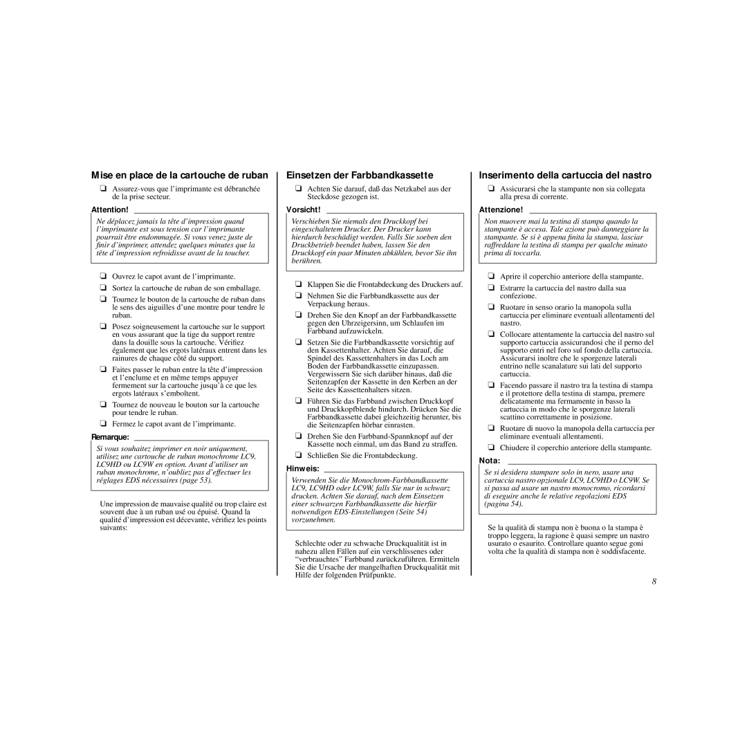 Star Micronics HL 80825321 user manual Mise en place de la cartouche de ruban, Einsetzen der Farbbandkassette 