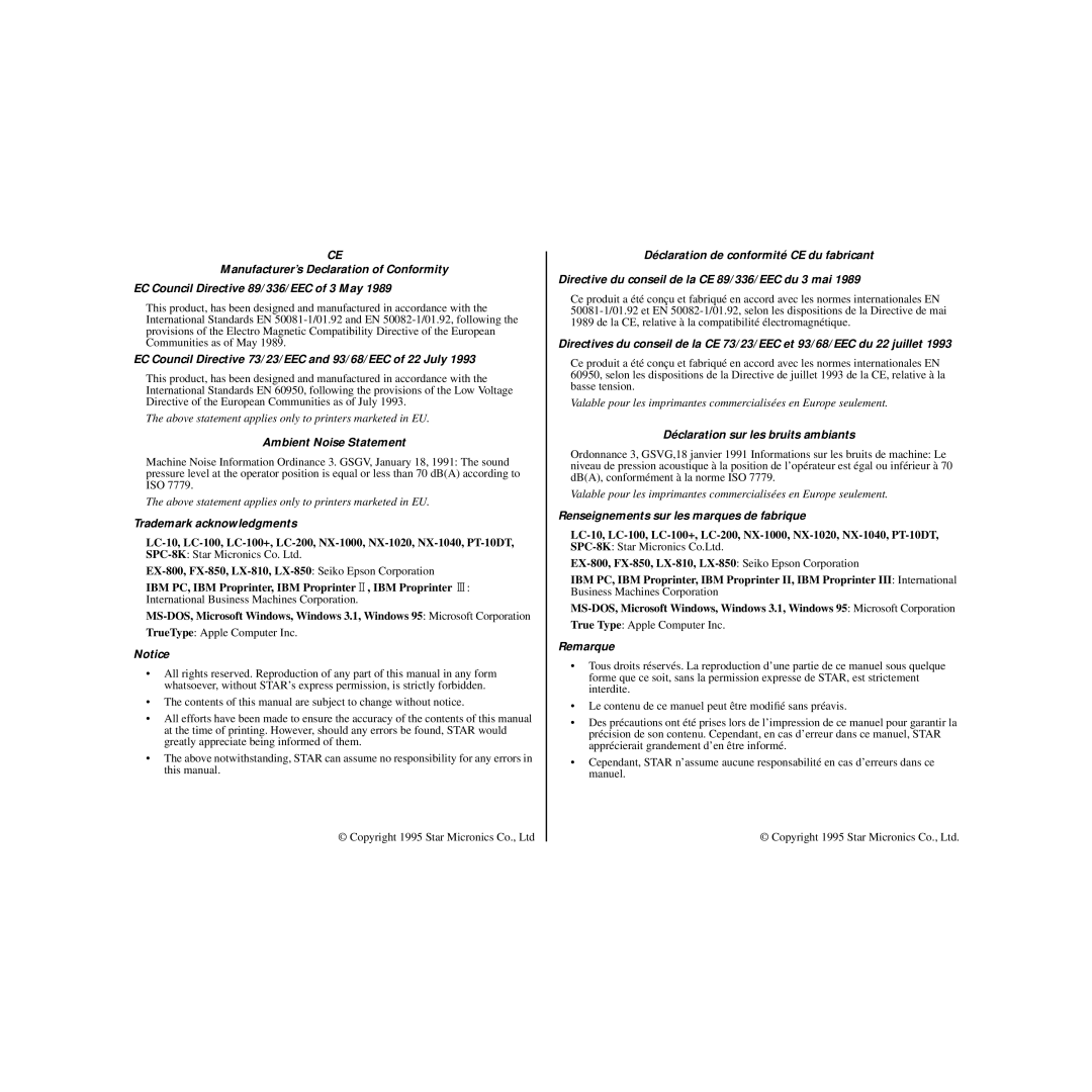 Star Micronics HL 80825321 user manual EC Council Directive 73/23/EEC and 93/68/EEC of 22 July 