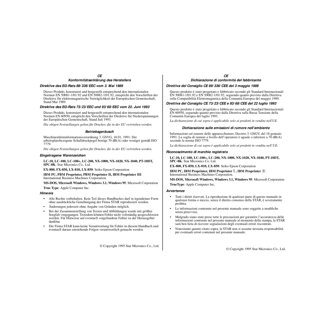 Star Micronics HL 80825321 user manual Direktive des EG-Rats 73/23/EEC und 93/68/EEC vom 22. Juni 