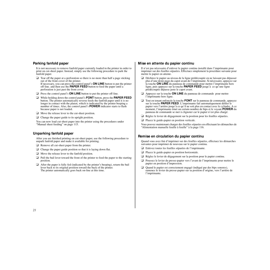 Star Micronics HL 80825321 user manual Parking fanfold paper, Unparking fanfold paper, Mise en attente du papier continu 