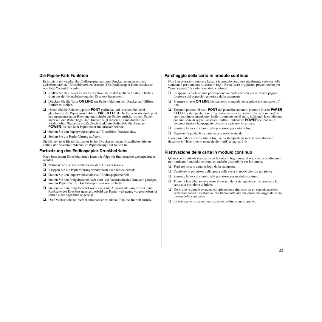 Star Micronics HL 80825321 user manual Die Papier-Park Funktion, Fortsetzung des Endlospapier-Druckbetriebs 