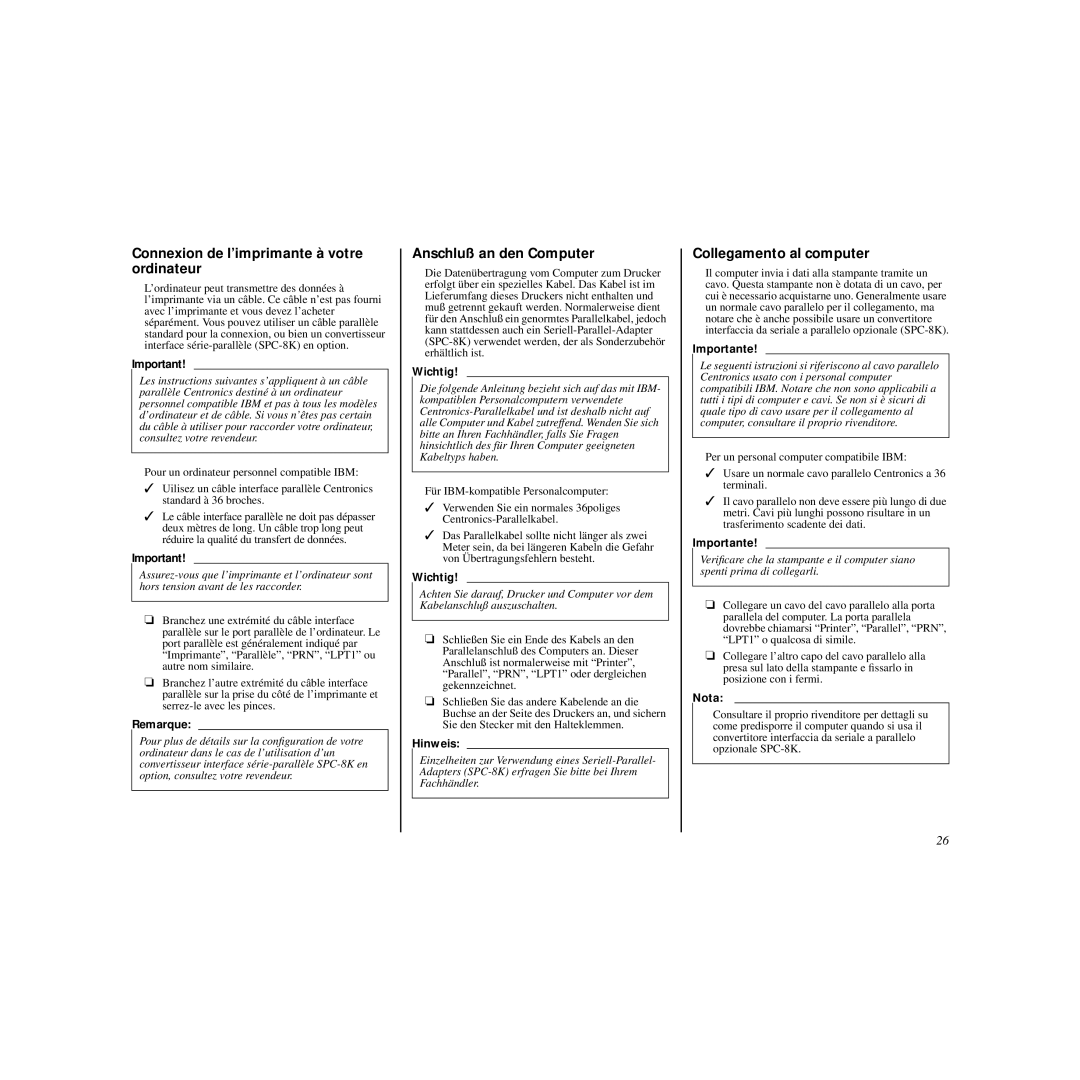 Star Micronics HL 80825321 user manual Connexion de l’imprimante à votre ordinateur, Anschluß an den Computer 