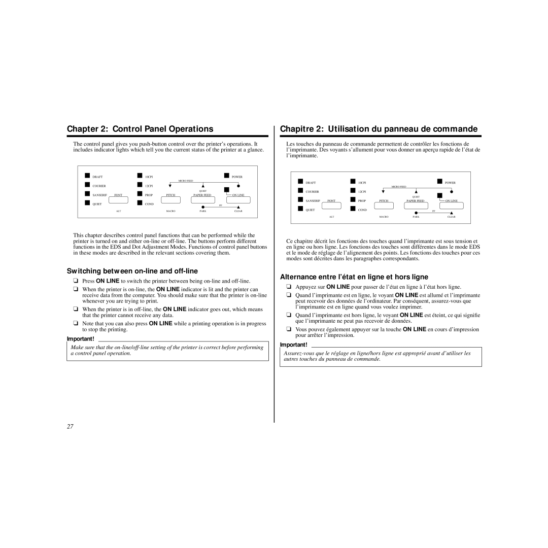 Star Micronics HL 80825321 user manual Control Panel Operations, Chapitre 2 Utilisation du panneau de commande 