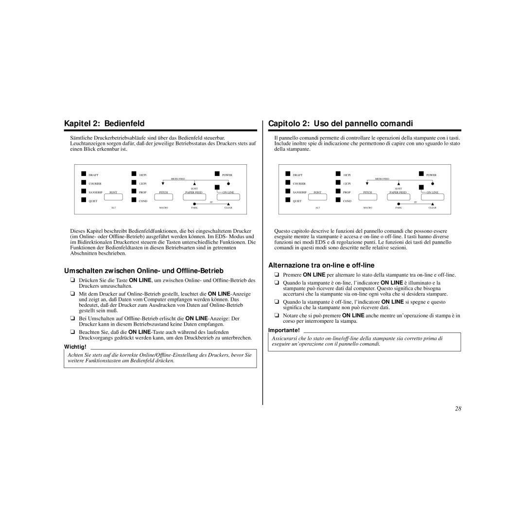 Star Micronics HL 80825321 Kapitel 2 Bedienfeld, Capitolo 2 Uso del pannello comandi, Alternazione tra on-line e off-line 
