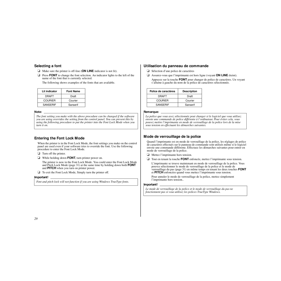 Star Micronics HL 80825321 user manual Selecting a font, Entering the Font Lock Mode, Utilisation du panneau de commande 