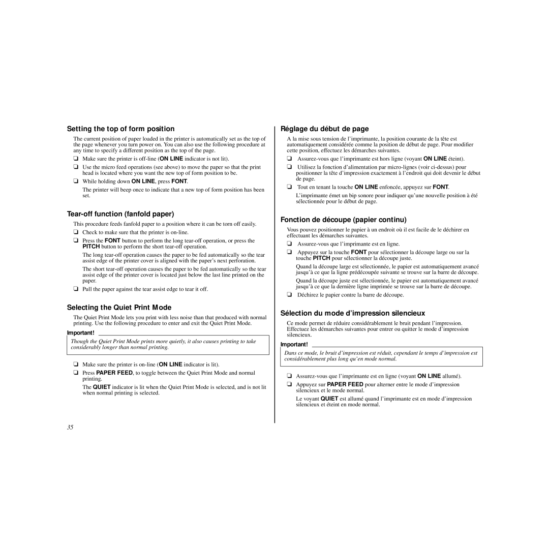 Star Micronics HL 80825321 Setting the top of form position, Tear-off function fanfold paper, Réglage du début de 