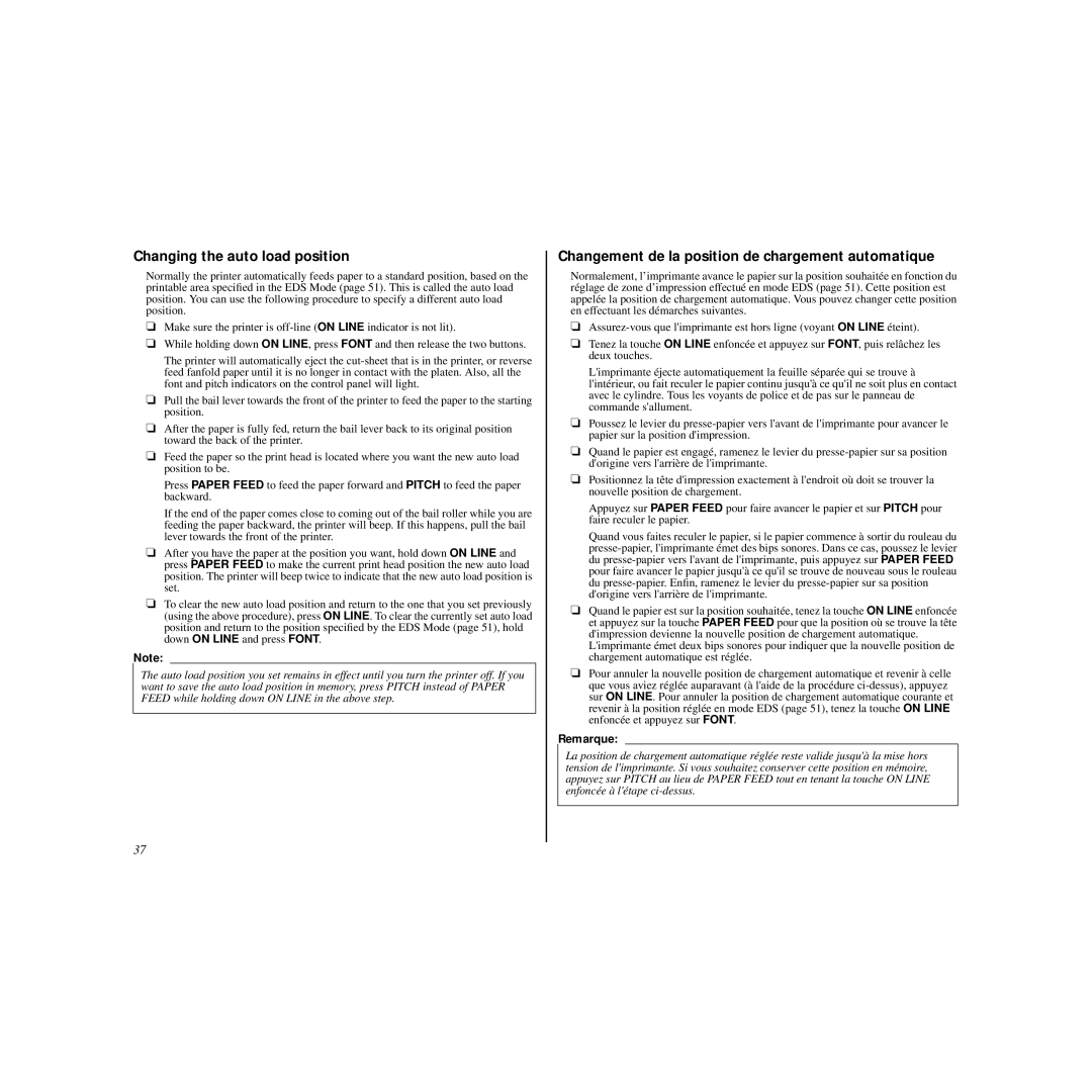 Star Micronics HL 80825321 user manual Changing the auto load position, Changement de la position de chargement automatique 