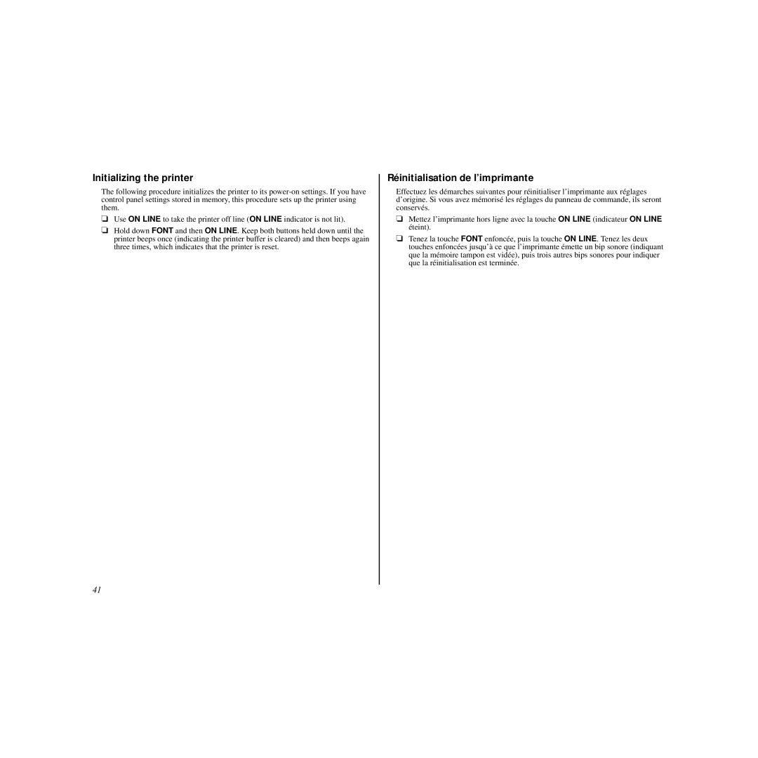 Star Micronics HL 80825321 user manual Initializing the printer, Réinitialisation de l’imprimante 