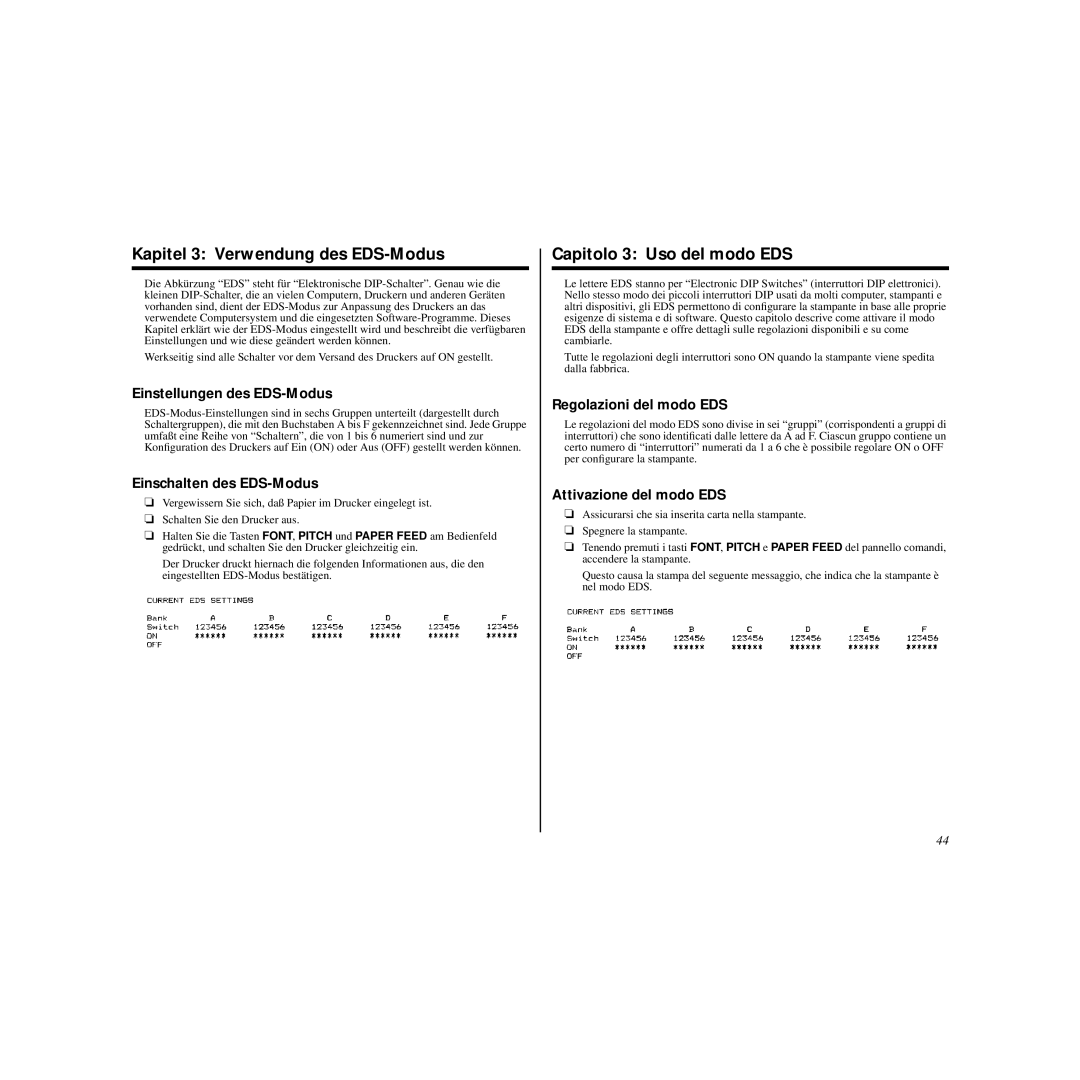 Star Micronics HL 80825321 user manual Kapitel 3 Verwendung des EDS-Modus, Capitolo 3 Uso del modo EDS 