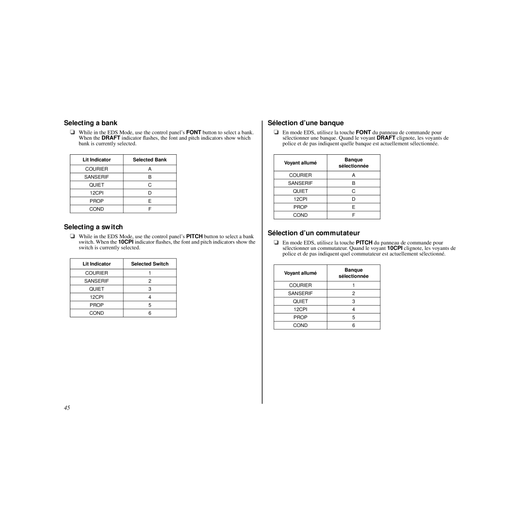 Star Micronics HL 80825321 Selecting a bank, Selecting a switch, Sélection d’une banque, Sélection d’un commutateur 