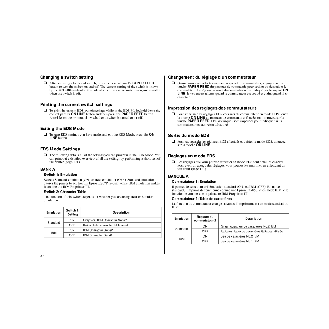 Star Micronics HL 80825321 Changing a switch setting, Printing the current switch settings, Exiting the EDS Mode 